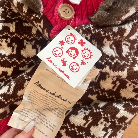 Hanna andersson kids fluffy knitted jacket, brown,pink and white, cat and dog - Picture 3 of 5